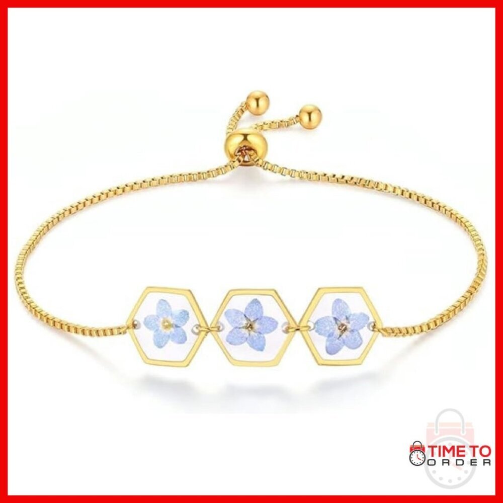 Stainless Steel Adjustable Bracelet with Real Pressed Flowers, Gold Tone